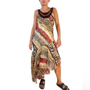 90s y2K Animal Print Chiffon Dress Crochet patchwork Asymmetrical Hem coquette